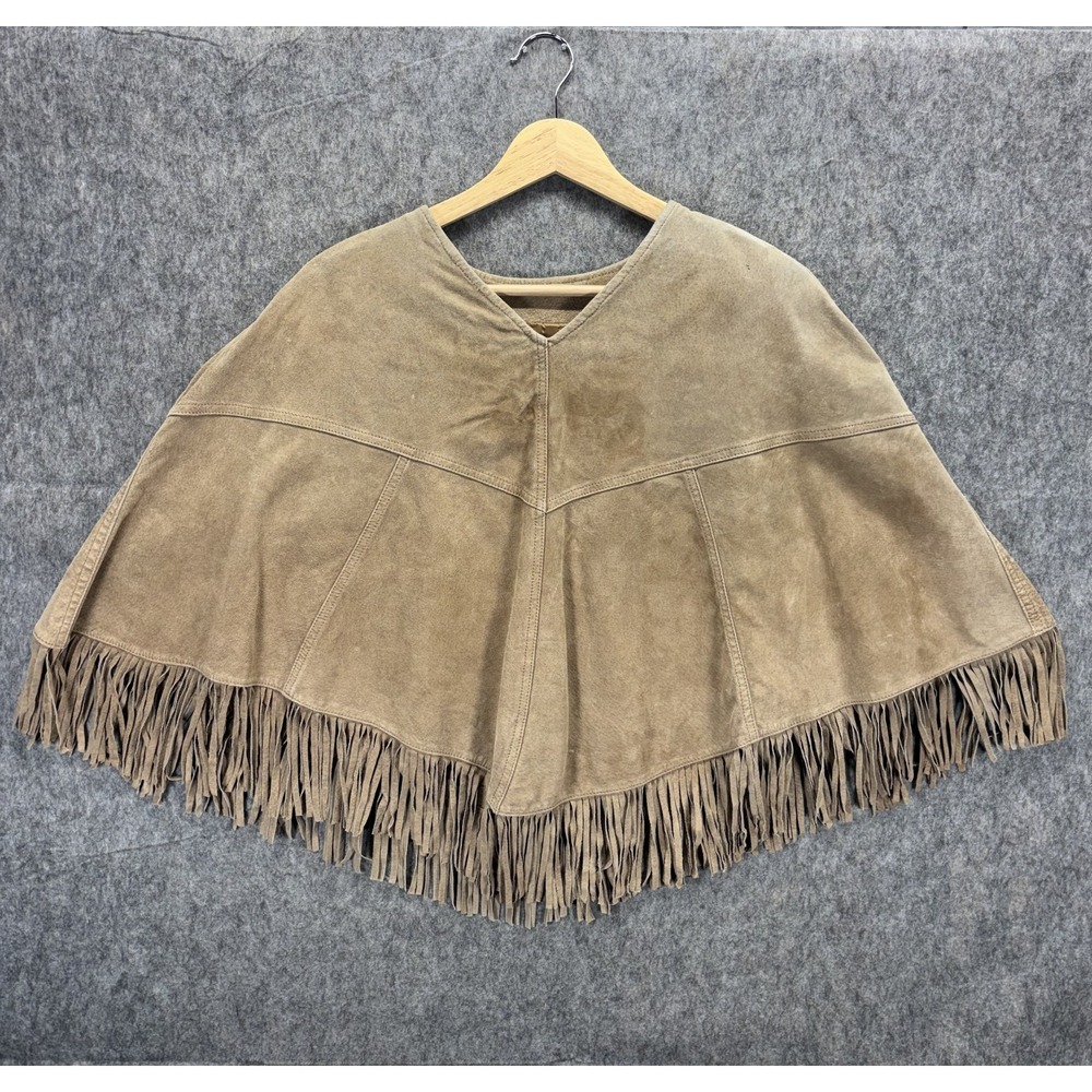 Leather Suede Fringe Poncho Women's L/XL Shawl Cape Brandon Thomas Tan Western